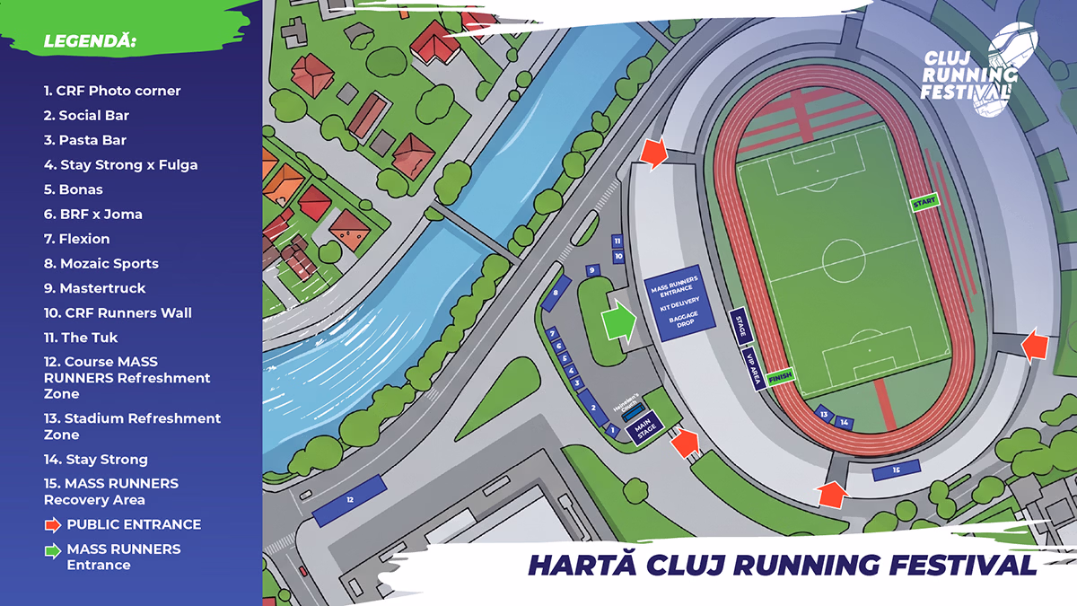 Map of Cluj Running Festival showing zones, entrances, stage, bag drop, and refreshment areas.