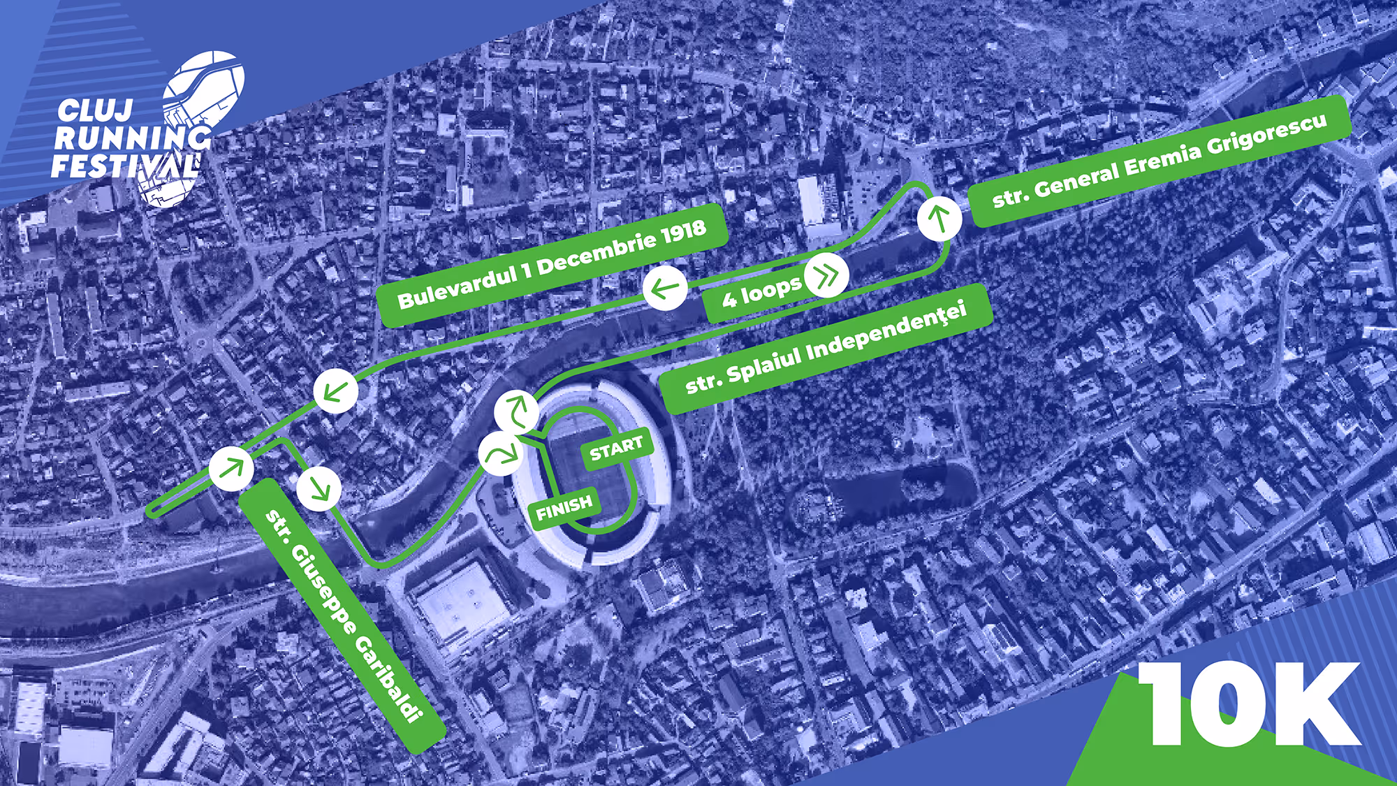 Map of Cluj Running Festival 10K race route highlighting streets Bulevardul 1 Decembrie 1918, str. General Eremia Grigorescu, str. Splaiul Independenței, and str. Giuseppe Garibaldi with start and finish points near a stadium.