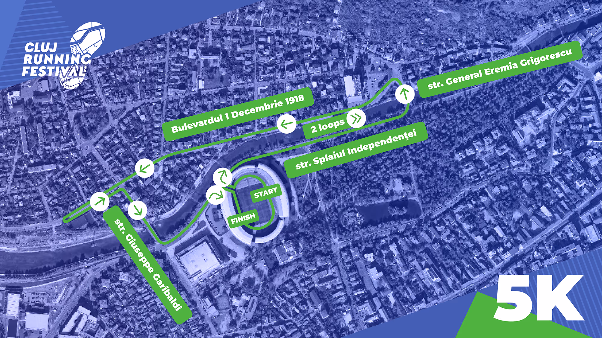 5K running course map for Cluj Running Festival with marked streets: Bulevardul 1 Decembrie 1918, Str. General Eremia Grigorescu, Str. Giuseppe Garibaldi, and Str. Splaiul Independenței looping twice around a stadium.