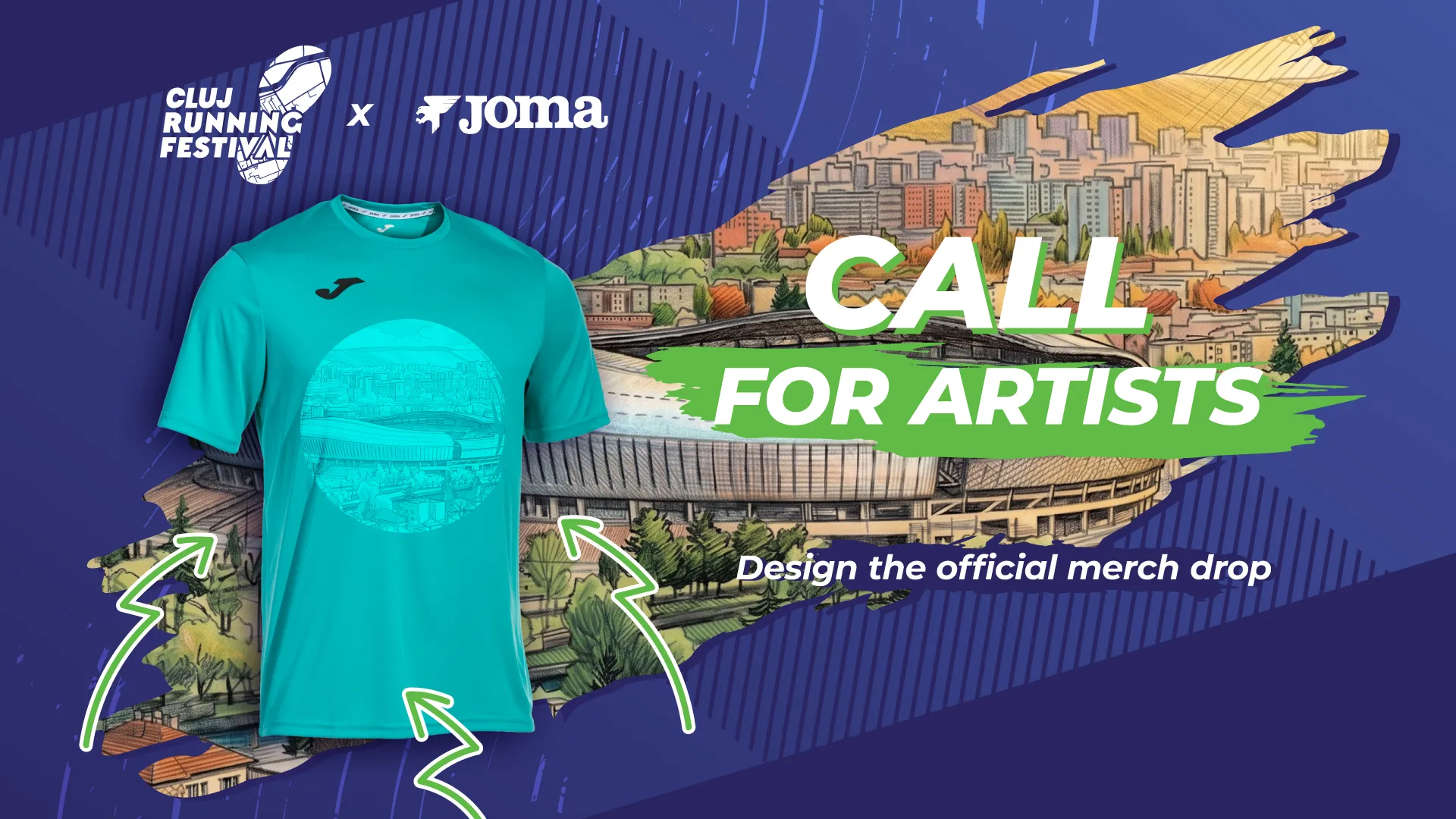Turquoise t-shirt with cityscape design in front of illustrated stadium and city background with text 'Call for Artists'.