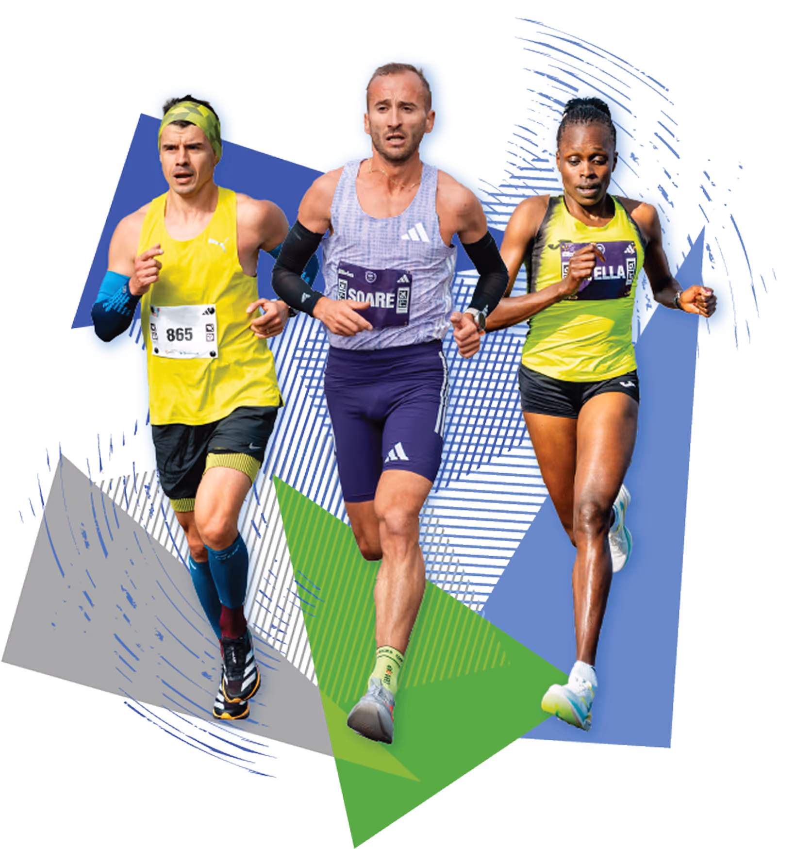 Three athletes running in a race, two men and one woman, dressed in athletic gear with race bibs.
